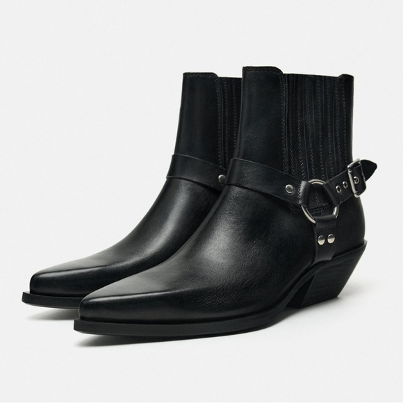ZARA Cowboy Ankle Boots 100% Cow Leather - Picture 6 of 13